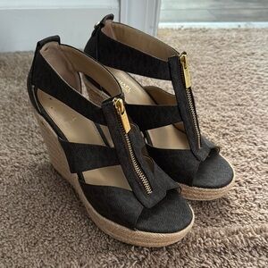 Michael Kors Black and Gold Wedge Sandals